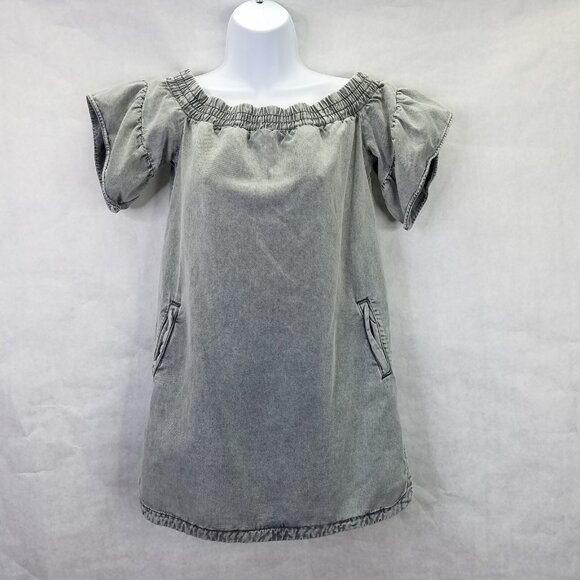All Saints Adela Mini Dress Women's Sz 2 Denim Off The Shoulder Black Mint Grey - Picture 2 of 16
